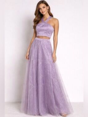 Lulus Two Piece Halter Organza Maxi Dress XS Lavender Lilac NEW Wedding Prom